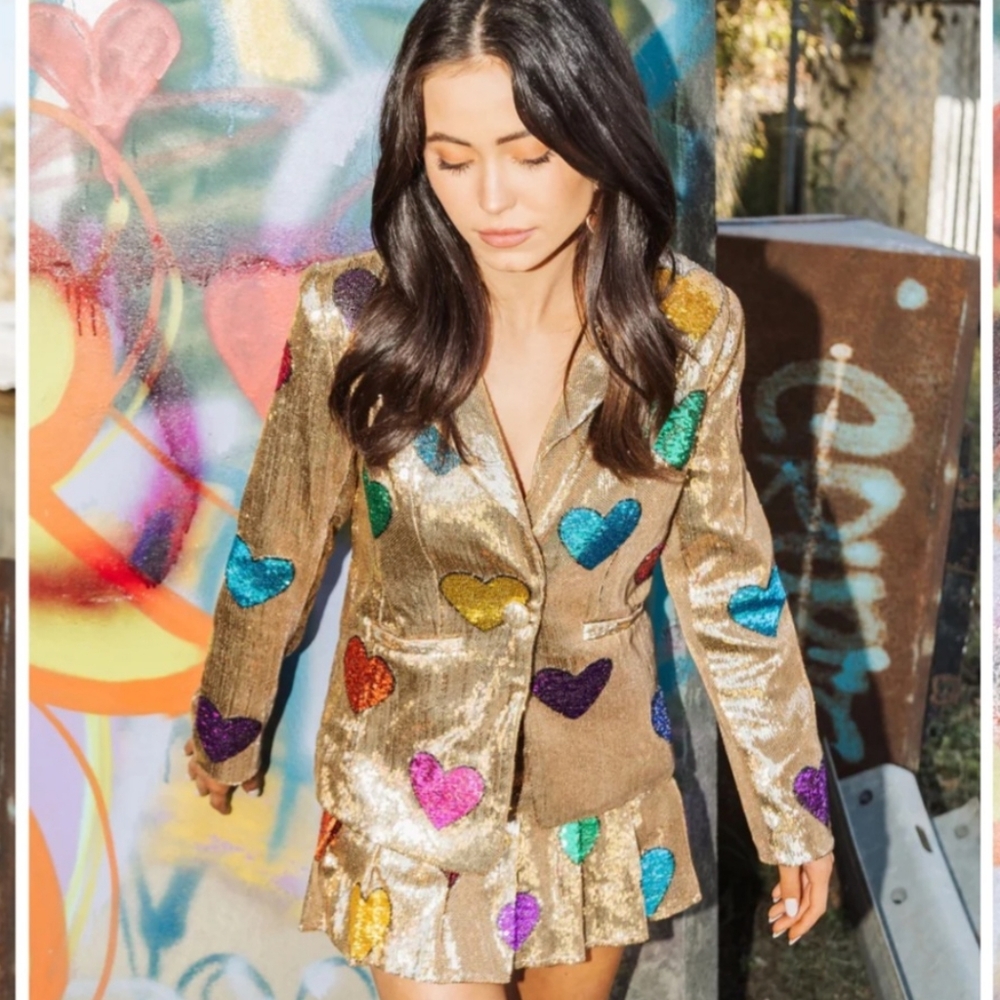 NWT Set Gold Sequin Jacket & Skirt with Multicolor Heart Accents Sold Out Online